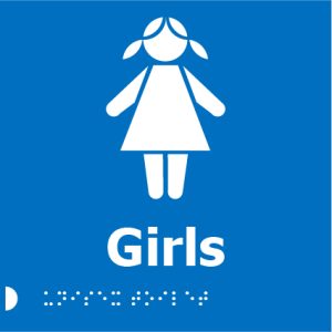 A blue background sign with a white icon of a girl with pigtails, the word "Girls" in bold white letters below, and Braille dots underneath.