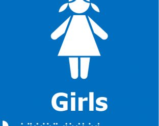 A blue background sign with a white icon of a girl with pigtails, the word "Girls" in bold white letters below, and Braille dots underneath.