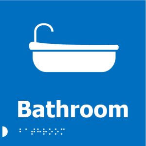 A blue square sign with a white pictogram of a bathtub with a faucet, the word "Bathroom" in bold white letters below, and Braille dots underneath.