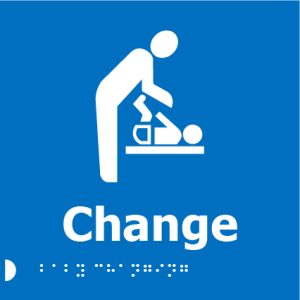 A blue square sign with a white pictogram of an adult changing a baby's diaper on a changing table, the word "Change" in bold white letters below, and Braille dots underneath.