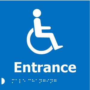 A blue square accessibility sign featuring a white wheelchair icon above the word "Entrance" and Braille dots below.