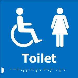 A blue square sign featuring white icons of a person in a wheelchair and a woman, with the word "Toilet" in bold white letters below, and Braille dots beneath.