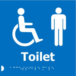 A blue square sign with white icons of a person in a wheelchair and a standing person, with the word "Toilet" in bold white letters below, and Braille dots beneath.