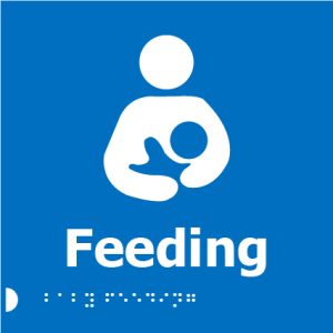 A blue square sign featuring a white pictogram of a person holding a baby, with the word "Feeding" in bold white letters below, and Braille dots beneath.