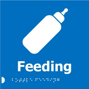 A blue square sign with a white silhouette of a baby feeding bottle at the top, the word "Feeding" in bold white letters below, and Braille dots beneath.
