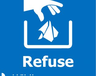 This is a black square sign featuring a prominent white pictogram of a hand positioned above a trash bin, with a paper object being dropped into it, representing waste disposal. Below the icon, the word "Refuse" is written in large, bold white letters for high visibility. At the bottom of the sign, tactile Braille dots spell out "Refuse," ensuring accessibility for visually impaired individuals. The high contrast and simple, clear imagery effectively communicate the message of waste disposal and accessibility.