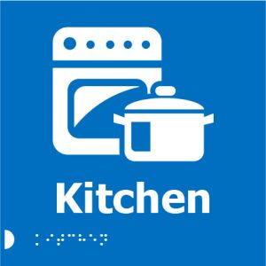 A blue square sign with a white icon of a stove and a cooking pot, the word "Kitchen" in bold white letters, and Braille dots below.