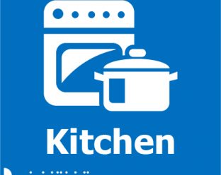 A blue square sign with a white icon of a stove and a cooking pot, the word "Kitchen" in bold white letters, and Braille dots below.