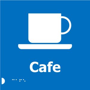A blue square sign with a white icon of a coffee mug on a saucer above the word "Cafe" and Braille dots below.