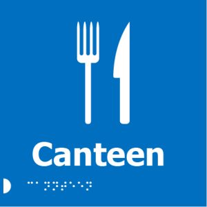 A blue square sign with white icons of a fork and knife above the word "Canteen" and Braille dots below.