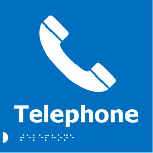 A blue square sign with a white telephone handset icon, the word "Telephone" in bold white letters, and Braille dots below.