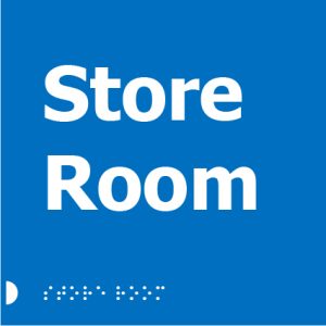 A blue square sign with white text reading "Store Room" and Braille dots below.