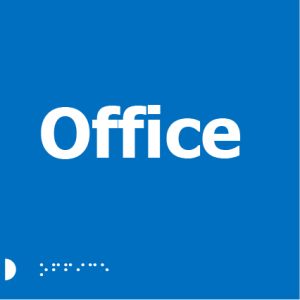 A blue square sign with the word "Office" in large white letters. Below the word, there is a line of Braille dots.
