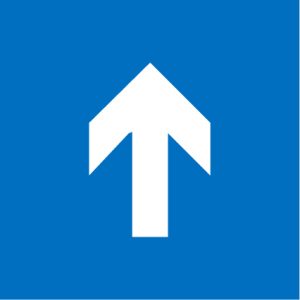 A white upward-pointing arrow on a blue square background.