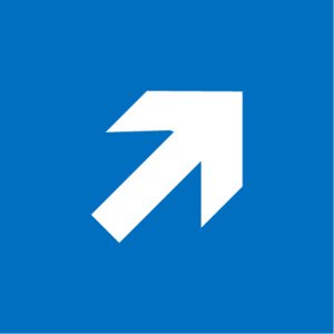 A white arrow pointing diagonally upwards to the right on a blue square background.