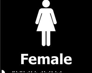 A black background sign with a white female figure icon above the bold white word "Female" and Braille dots underneath.