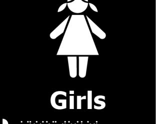 A black background with a white icon of a girl with pigtails wearing a dress, the word "Girls" in bold white letters below, and Braille dots underneath.