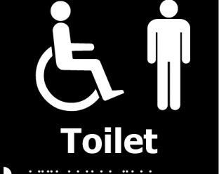 A black square sign with white icons of a person in a wheelchair and a standing person, with the word "Toilet" in bold white letters below, and Braille dots beneath.