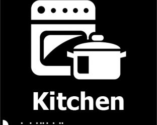 A black square sign with a white icon of an oven and a cooking pot, the word "Kitchen" in bold white letters, and Braille dots below.