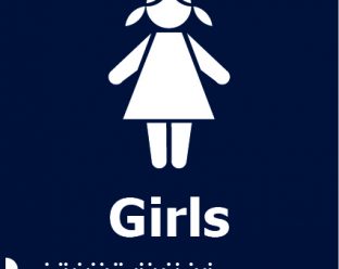 A dark blue background featuring a white icon of a girl with pigtails, the word "Girls" in bold white letters below, and Braille dots underneath.