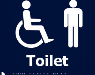 A dark blue square sign featuring a white icon of a person in a wheelchair and a standing person, with the word "Toilet" in bold white letters below, and Braille dots beneath.