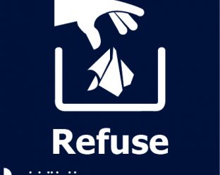 A navy blue square sign with a white icon of a hand dropping paper into a trash bin, the word "Refuse" in bold white letters, and Braille dots below.