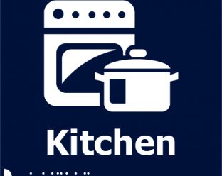 A navy blue square sign with a white icon of an oven and a cooking pot in front of it, the word "Kitchen" in bold white letters, and Braille dots below.