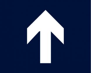 A white upward-pointing arrow on a dark blue square background.