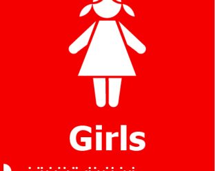 A red square sign featuring a white icon of a girl with pigtails, the word "Girls" in bold white letters below, and Braille dots underneath