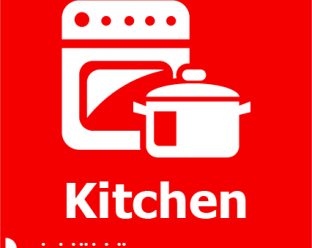 A red square sign with a white icon of an oven and a cooking pot, the word "Kitchen" in bold white letters, and Braille dots below.