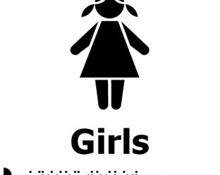 A black-and-white sign featuring a simplified icon of a girl with pigtails, the word "Girls" in bold text below, and Braille dots underneath.