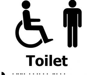 A black-and-white sign displaying a wheelchair symbol and a standing person symbol, with the word "Toilet" in bold black letters below, along with Braille dots beneath.