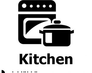 A black and white icon of an oven with a cooking pot in front, accompanied by the word "Kitchen" in bold text and Braille dots below.