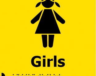 A yellow square sign featuring a black pictogram of a girl with pigtails, the word "Girls" in bold black letters below, and Braille dots underneath.