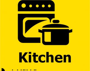 A yellow square sign with a black icon of an oven and a cooking pot, and the word "Kitchen" in bold black letters, along with Braille dots below.