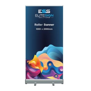 A large roller banner measuring 1000 x 2000 mm, featuring an abstract colourful design on a dark background.