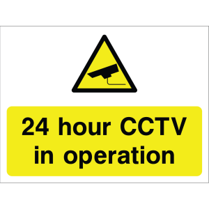 Outdoor warning sign with CCTV camera icon and message "24 hour CCTV in operation" in black on yellow background