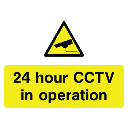 Outdoor warning sign with CCTV camera icon and message "24 hour CCTV in operation" in black on yellow background