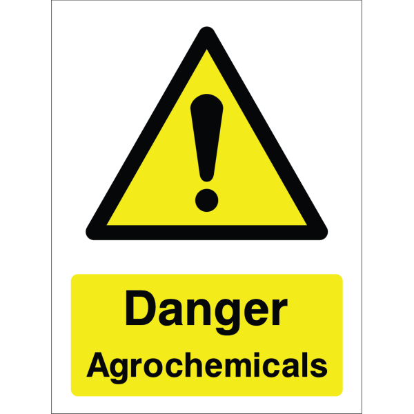 Warning sign with a yellow triangle containing an exclamation mark and the text “Danger Agrochemicals” in bold black on yellow background