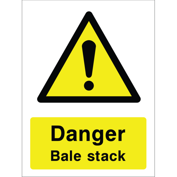 Warning sign with a yellow triangle containing an exclamation mark and the words “Danger Bale stack” in bold black on yellow background