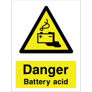 A bright yellow warning sign with a black triangle icon showing a battery and warning symbols, with the text: "Danger Battery Acid".
