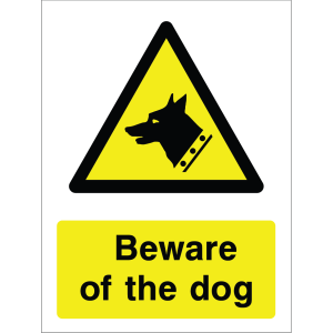 Warning sign with a yellow triangle containing a dog's head silhouette and the words “Beware of the dog” in bold black on yellow background