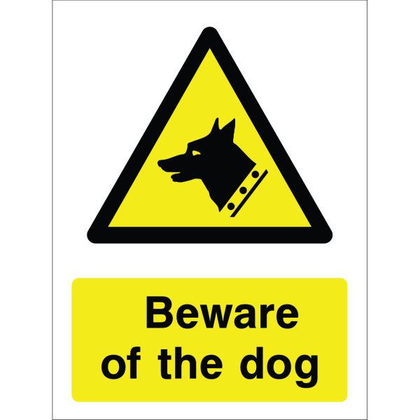 Warning sign with a yellow triangle containing a dog's head silhouette and the words “Beware of the dog” in bold black on yellow background