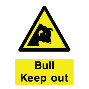 Warning sign with a yellow triangle containing a bull silhouette and the words “Bull Keep Out” in bold black on yellow background
