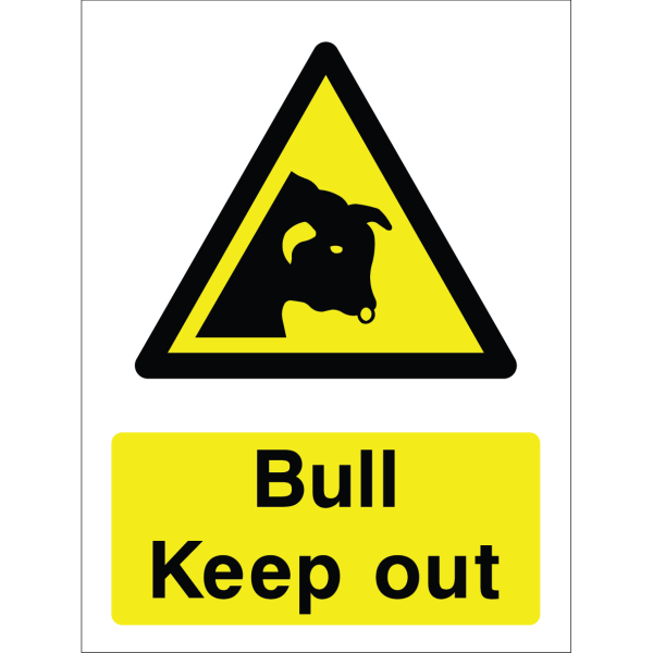 Warning sign with a yellow triangle containing a bull silhouette and the words “Bull Keep Out” in bold black on yellow background