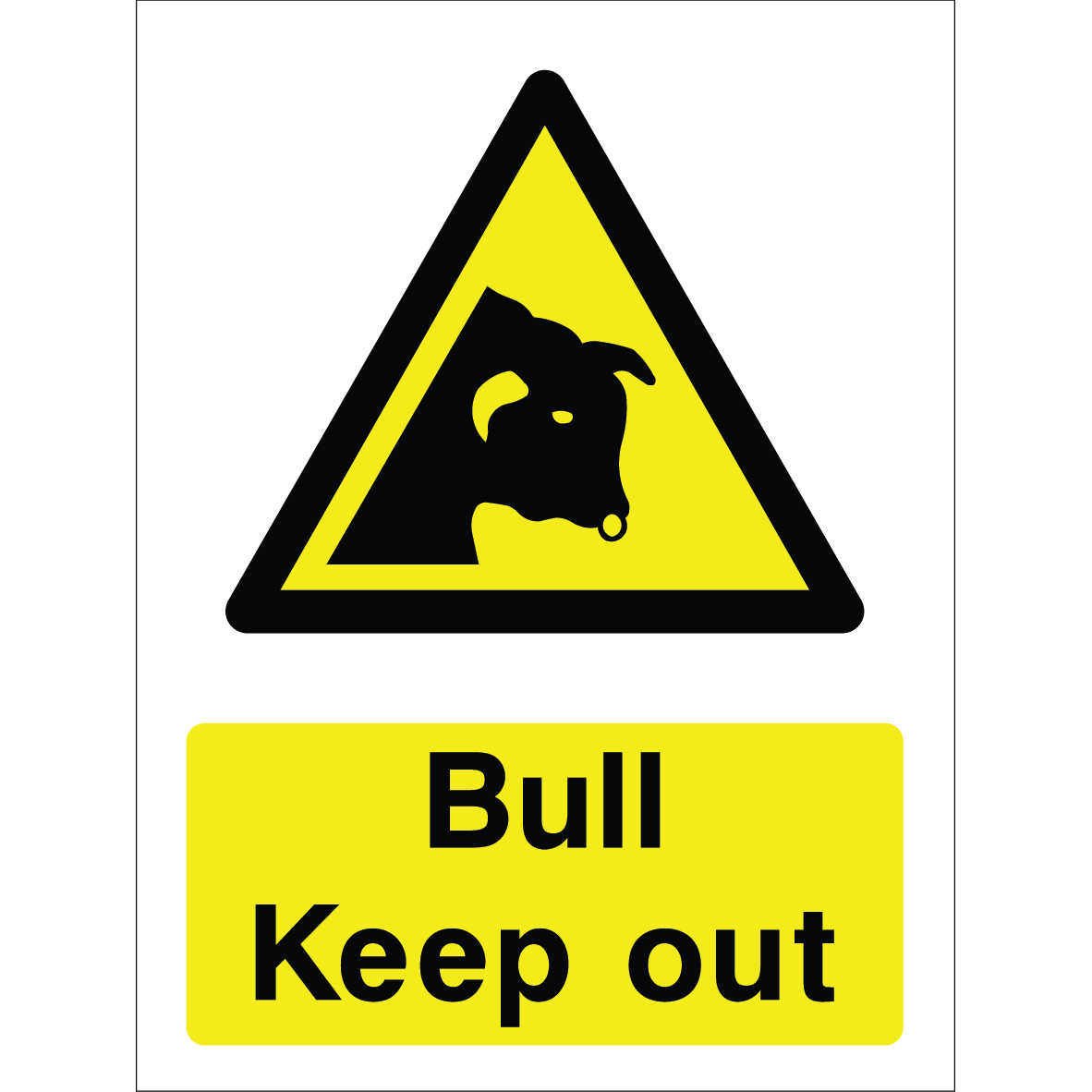 Warning sign with a yellow triangle containing a bull silhouette and the words “Bull Keep Out” in bold black on yellow background