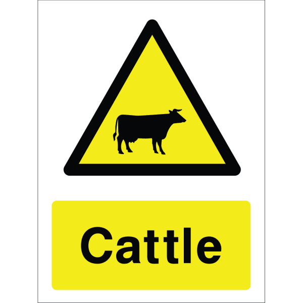 Warning sign with a yellow triangle containing a cow silhouette and the word “Cattle” in bold black on yellow background