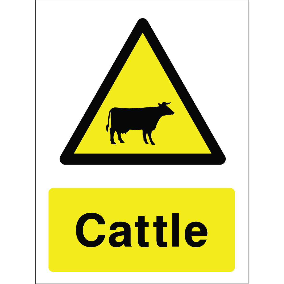 Warning sign with a yellow triangle containing a cow silhouette and the word “Cattle” in bold black on yellow background
