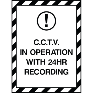 Outdoor warning sign with black text and exclamation icon, stating "CCTV IN OPERATION WITH 24HR RECORDING," used to inform about surveillance