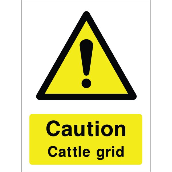 Warning sign with a yellow triangle containing an exclamation mark and the words “Caution Cattle Grid” in bold black on yellow background